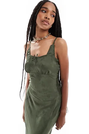 ASOS ASOS DESIGN Tall jacquard bra detail ruched bust cami midi slip dress in forest