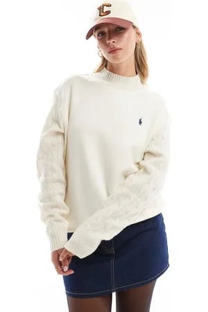 Ralph Lauren Icon logo cable knit sleeve sweatshirt in cream