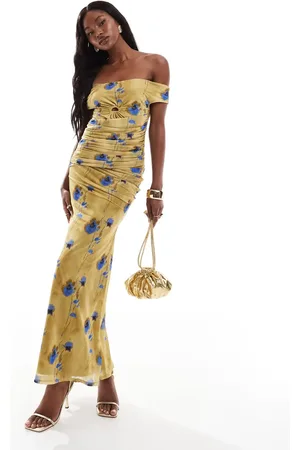 ASOS Bardot mesh drape midi dress in blurred yellow floral print