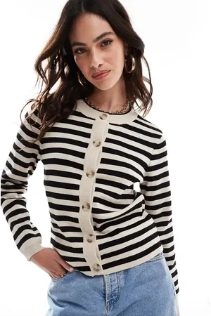 Object Knitted button cardigan in cream and black stripe