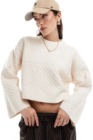 ASOS Crew neck boxy jumper with wide cuff in cable knit in cream