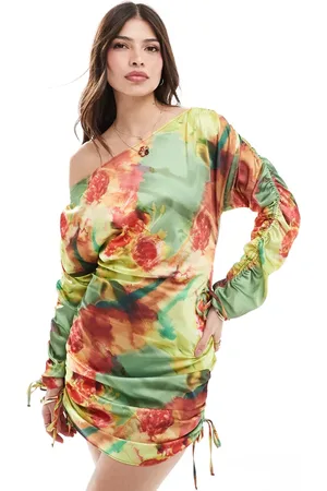 ASOS One shoulder gathered sleeve mini dress in bright floral print