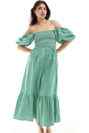 Esmée Esmee off shoulder puff sleeve gingham ruched bust maxi beach dress in dark