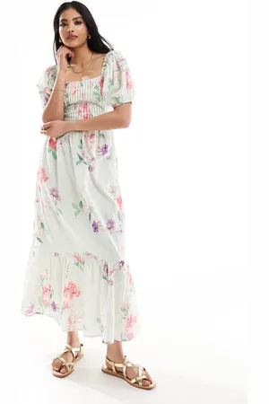 ASOS Cotton dobby midi dress with lace up back in floral print