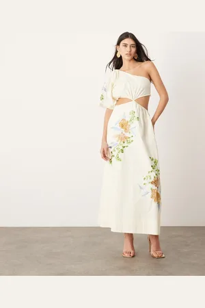 ASOS Embroidered floral shoulder puff sleeve midi dress in cream