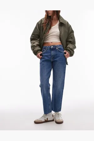 Topshop Cropped mid rise straight jeans with raw hems in mid