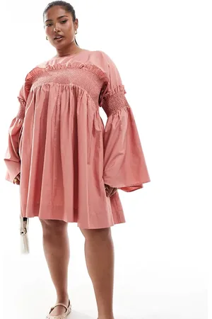 ASOS ASOS DESIGN Curve shirred cotton mini dress with flare sleeve in rose
