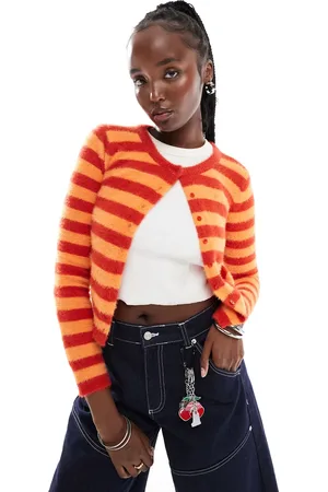 Daisy Street Fluffy knit micro cardigan in brick orange stripe