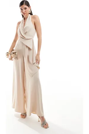 ASOS Halter neck drape front wide leg jumpsuit in stone