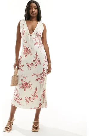 Abercrombie & Fitch Floral lace midi slip dress in cream