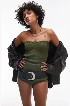 MANGO Bandeau ribbed top co-ord in khaki