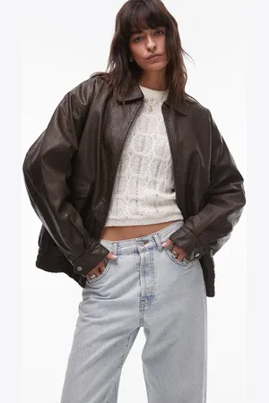 Topshop Textured faux leather oversized collar bomber jacket in