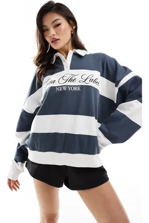 Kaiia Oversized logo rugby top in navy and white stripe