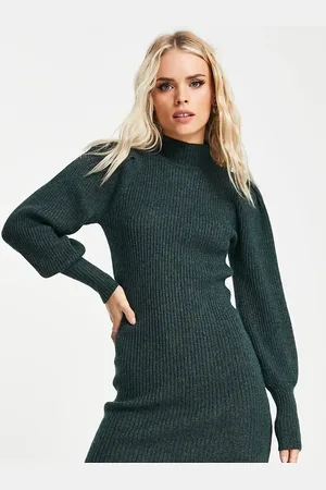 ONLY Exclusive volume sleeve high neck knitted jumper dress in dark