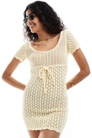 The Frolic Mango cross tie detail open back mini crochet beach dress in lemon