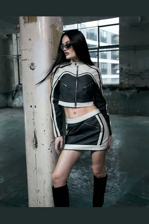 Murci Leather look mini skirt co-ord in with cream trim