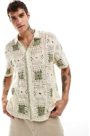 Bershka Crochet knitted detail shirt in sage and ecru