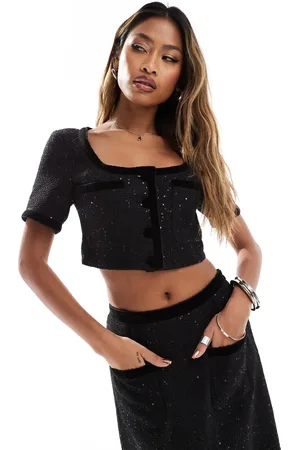 Kaiia Boucle button through pocket detail crop top co-ord in