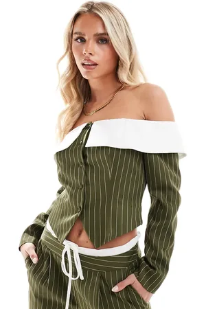 Extro & Vert Petite Longline corset bandeau blazer top in khaki stripe co-ord