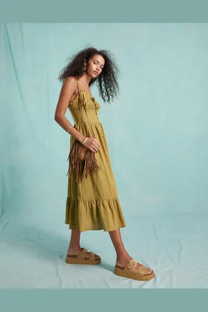 Miss Selfridge Broderie tie front corset maxi slip sundress in khaki