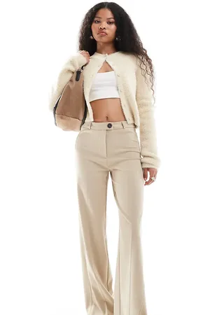 Bershka Petite wide leg dad trousers in sand