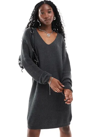 Glamorous Collar detail oversized jumper dress in charcoal marl knit