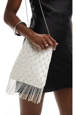 True Decadence Pearl beaded bag with tassle detail in off