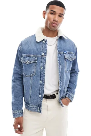 Hugo Blue Dex denim trucker jacket in midwash with sherpa collar