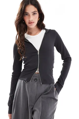 JJXX Two way zip hooded long sleeve top in washed dark