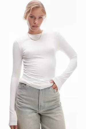 Topshop Premium rib long sleeve top in ecru