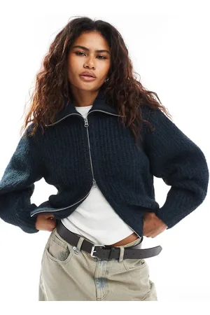 Weekday Bea wool blend zip through cardigan with oversized collar in melange