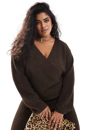 4th & Reckless Wool mix fluffy wrap tie side cardigan co-ord in chocolate