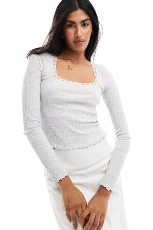 Miss Selfridge Long sleeve lace trim square neck top in marl