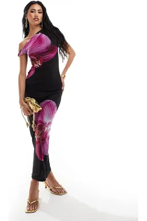 Kaiia Slinky one shoulder maxi dress with mesh overlayer in black and purple flower print