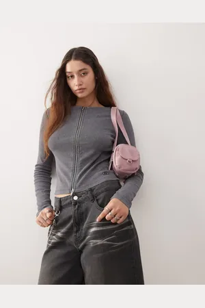 Reclaimed Long sleeve slash neck zip up top in washed charcoal