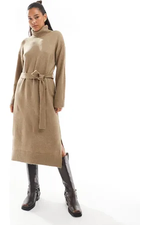 VILA Roll neck knitted maxi dress with tie waist in