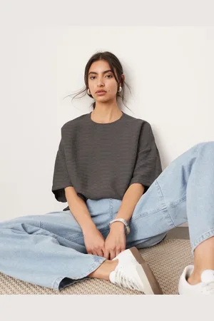 ASOS Textured boxy woven t-shirt in charcoal