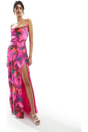HOPE & IVY Satin cami maxi dress with thigh spit in floral