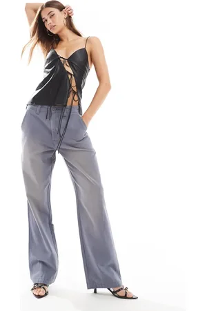 Lioness Distressed wide leg worker jeans in petrol