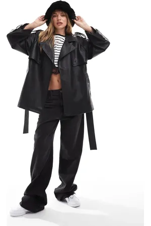 Miss Selfridge Mid length faux leather oversized trench coat in