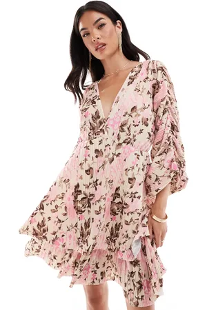 Y.A.S Pleated ruched full sleeve mini dress with low v beck in pink floral