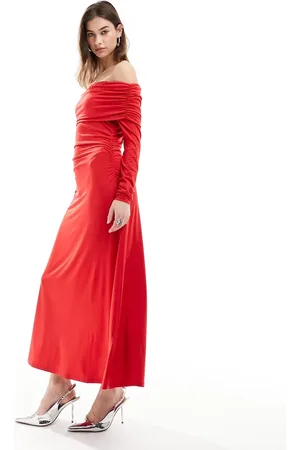 Monki Long sleeve off the shoulder full length midi dress in