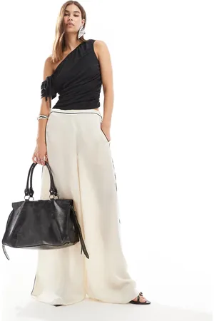 Lioness Satin contrast pipping wide leg trousers in ivory