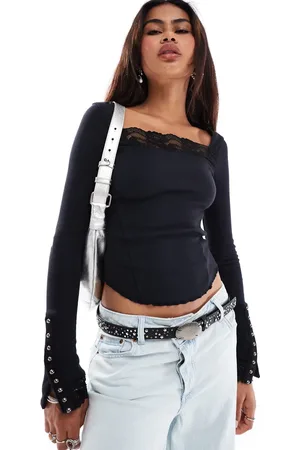 Free People Lace trim square neck long sleeve top in