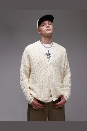 Topman Knitted crochet cardigan with in ecru