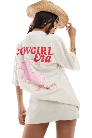 Kaiia Cowgirl era logo back print oversized t-shirt in cream