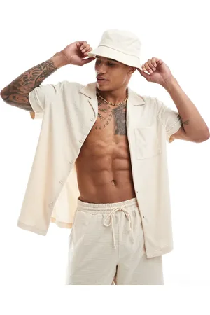 South Beach Waffle towelling beach shirt co-ord in cream