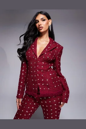 ASOS Embellished boucle blazer co-ord with faux feather hem in Burgundy