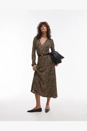 MANGO V-neck long sleeve leopard print midi dress in