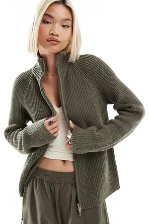 Monki Ribbed knitted two way zip cardigan in dark